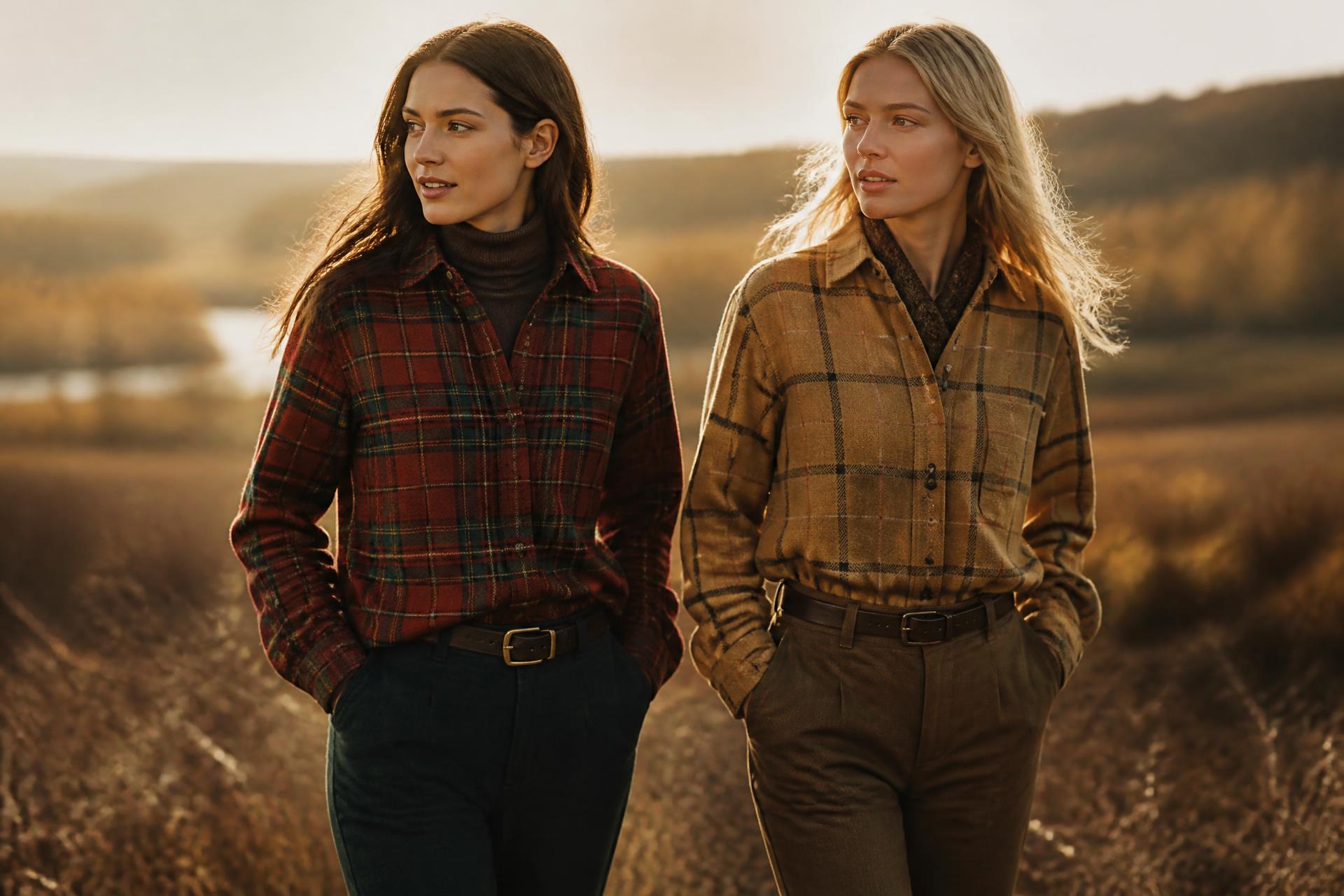 Two women in heritage plaid wool shirts walking through golden autumn light